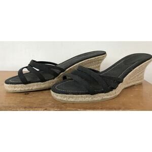 J Crew Espadrilles Black Strappy Natural Canvas Slip On Wedge Sandals Heels 11